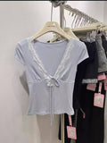 Pure-Want-Style Sexy Lace Splicing V-Neck Short-Sleeved T-Shirt Women's Summer Design Sense Slimming Short Dress