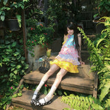 Color Three-Dimensional Flowers Open Shoulder Wave Point Hanging Neck Dress Women Summer Sweet Wind Splicing Cake Skirt Skirt Skirt