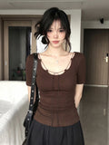 French Temperament With U-Neck Short-Sleeved T-Shirt For Women's Summer Design To Slim Thin Niche Tops