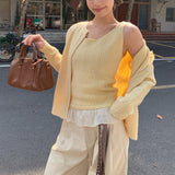 3.8/Spring New XUAN XIAO JIE Yellow Lace Splicing Vest Knitted Two-Piece Set