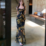 Sexy Broken Lotus Leaves Side Hanging Dress Femininity Summer Temperament To Close The Waist Of The Hip Open Fork Dress