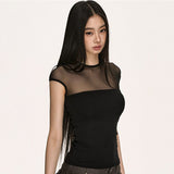 Vintage Mesh Splicing Round-Neck Short-Sleeved T-Shirt Girl Summer New Hot Girl Style Slimming Top