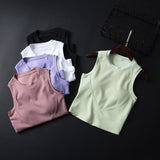 Short Sports Body Vest Women Wear Solid Color Round Tie Chest Pad Yoga Running Tops In Summer Without Sleeves