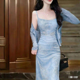 Spring And Summer Tie Dyed Folded Sling Dress Embody H-Shaped Dress + Long-Sleeved Sunshade Woman Two-Piece