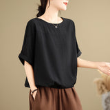 2026 Summer New Cotton Literature Retro Loose Round-Neck Chinese Style Tea Shirt Blouse