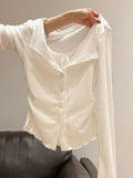 Unique Collar Long-Sleeved T-Shirt Women's Fake Two Wooden Ear Buckle Blouse Early And Autumn Wearing V-Neck Bottom Shirt