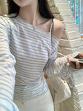 Pure Lusty T-Necked Striped Long-Sleeved T-Shirt Spring And Autumn Thin Lace Splicing To Repair The Shoulder Ins Top Long-Sleeved Woman