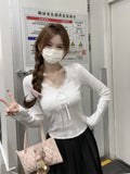 Autumn Ins Pure Desire To Sexy Low-Breast V-Neck De Velvet Lace Splicing Long-Sleeved T-Shirts For Girls With Short Bottom Tops