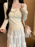 2026 Women's Spring And Autumn New Broken Flowers Fake Two-Piece Women's Clothing Dress Slimming Bottom Shirt Long-Sleeved T-Shirt