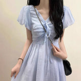 French Literary And Art T-Shirted With V-Neck Blue Bubble-Sleeved Dress Small Super Fairy Collection Waist Lanky Skirt