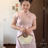 Large-Size Fat MM New Chinese-Style Improved Pink Cheongsam Dress Gentle Wind Temperament To Close The Waist Thin A Word Long Dress