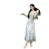 Pure Lust Lace Stitching Print Sling Dress Women's Summer French Temperament Holiday Dress Opener Two Sets