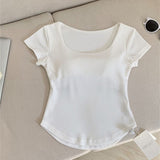 Summer Solid Color With Chest Cushion Square Collar Short-Sleeved T-Shirt Women's Fashion Sports Yoga Clothes