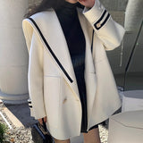 South Korea Autumn And Winter French Retro Age Reduction Navy Collar Double Buckle Loose Leisure Imitation Cashmere Wool Coat Woman
