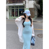 Summer Korean Version Of Pure Sexy Sling Dress Women's Design Feel Fork Repair Slimy And Long Skirt