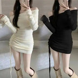 Hottie Pure Lusty Sexy Shoulder Super-Scinched Little Man Tight-Buff Dress 2025 Autumn And Winter New