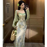 Pure Lust Lace Stitching Print Sling Dress Women's Summer French Temperament Holiday Dress Opener Two Sets