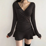 Sexy Little Black Dress Girl Spring And Autumn Skirt Taut Hottie Dress Pure Lust Style V Collar Wrinkles Thin Dress