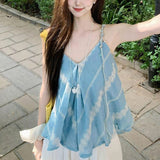 Summer Cool Sexy Windy Blue V-Neck Sling Shirt Women Folds Loose Back Sleeveless Tie Dyed Top Sense