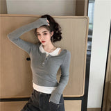 Tide Brand Fake Two Pure Want To Match The Color Splicing Long-Sleeved T-Shirt Girl Autumn New Hottie Slimming On The Top
