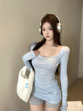 Pure-Want-Style Slim-Tuning U-Necked Long-Sleeved Girl Spring And Autumn Hot Girls Thin Waist-Bottomed Shirt With Solid Color Tops