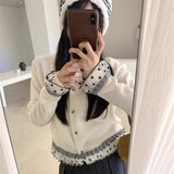 KANING Korean Sweet Lace Spliced Knitted Shirt 2026 Autumn And Winter New Temperament Short Sweater Top