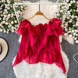 Super Good-Looking Sweet Age-Bearing Leaf Side Three-Dimensional Flower Shoulder Shirt Female Niche Fairy Irregular Shirt Winter