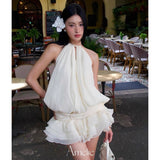 Vietnamese Wrinkled Flowers High-Grade Feeling Small White Skirt Milk White Ponbo Pearl Hanging Neck Skirt Temperament Goddess
