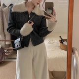 KANING Collar Fur Double Zipper Knitted Cardigan Women 2026 Autumn New Bumpy Retro Style Sweater Outside
