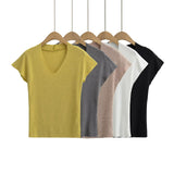 Pure-Want Summer Thin Fashion Simple V Collar Side Short Sleeve Half Sleeve Thin Tight Sexy Shirt T-Shirt