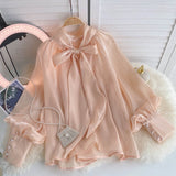 French Bow Shirt Female Design Sense Of Small Pure Style Hottie Chic Bubble Long Sleeve Top