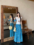 French Blue Oil Painting Floral Dress Girl Summer High-Waisted A-Shaped Dress Soft Dress Dress