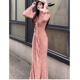 Sexy Purple V-Neck Lace Dress Femininity Bodybrets With Hip Dress Fishtail Dress