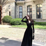 [Original Fabric] Korean Version Of Commuting Sweet V-Neck Lace Splicing Long Sleeves To Close The Waist Dress Women In Autumn 2025