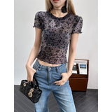 Net Yarn Sexy Hottie Round Collar Shoulder Short-Sleeved T-Shirt Girl Summer New Slim Slim Short-On-Wear Tide