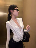 White Lace Splicing Fake Two-Piece Collar T-Shirt Girl Spring And Autumn Pure Desire Royal Sister Style Long Sleeve Bottom Top
