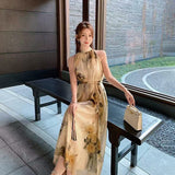 Sanya Tourism Seaside Vacation New Chinese Style Super Good-Looking Temperament To Close The Waist And Shoulder Hanging Neck Dress