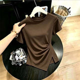 Pure Round Neck Solid Color Irregular Short-Sleeved Short-Sleeved T-Shirt Girl Summer Hottie Fashion Thin Short-Sleeved T-Shirt Girl Trend