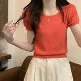 Korean Version Of The Pure Color Simple Square Collar Short-Sleeved Knitting Shirt Casual Age Reduction Slim Slim Short-Term Blouse