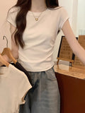 Ins Hot Girls Pure Want To Close Waist Small Flying Sleeve Girl T-Shirt Short-Sleeved Tops New Solid Color Bottom Body-Repair Women's Tide