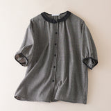 Non-Real-Sleeved Cotton Plaid Short-Sleeved Shirt Women's Summer Senshi Literary And Art Doll Collar Age Reduction Loose Shirt