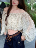 Sexy Pure Desire A Word Shoulder Long-Sleeved T-Shirt Girl Short Umbilled Double-Decker Chiffon + Super Soft Hottie Top Girl Summer