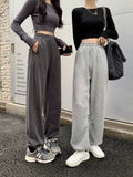 Autumn And Winter Sweatpants Dark Gray Plus Velvet Loose High-Waisted Rope Trousers Women's Ins Broad Leg Pants Slacks