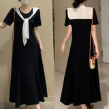 Lace Stitching Black And White Crash Fake Cape Navy Dress Women's Summer French College Style Loose A-Word Dress