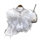 French Small Luxury Three-Dimensional Lotus Side Splicing Round Collar Pearl Single Buckle Lace Jersey Top