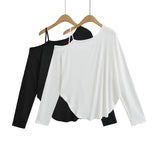 Spice Girls Sleeves Long Sleeved T-Shirt With Shaved Shoulder-Curved T-Shirt Irregularly Round Hem Fashion Jersey