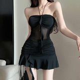 Spice Girls Mesh Splicing Hanging Neck-Smear Dress Women's New Spring Tight Design Feeling Inside The Ass Short Skirt