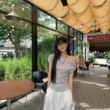 40 Pure Cotton Ribs Niche Design With Slanted Shoulder Short-Sleeved T-Shirt For Girls Summer Hottie Body-On-Striped Blouse