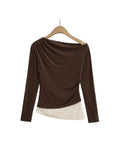 Yellow Pure Sexual Sexy Two Slanted Shoulder Lace Spliced Long-Sleeved T-Shirt Girls Spring And Summer Body Show Off Shoulder Clothes