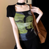 Black-Green Faint Dye Hanging Neck To Receive Waist Repair Slim Thin Short-Sleeved T-Shirt Women 2026 New Summer Design Feel Top